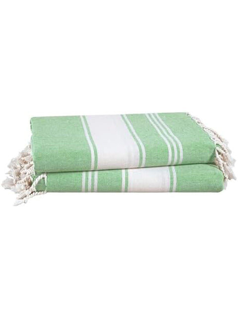 Two green and white striped towels with tassels on a white background