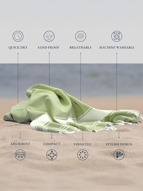 Lime Color towel on sand with text highlighting features like quick dry, sand proof, breathable, machine washable, absorbent, compact, versatile, and stylish design.