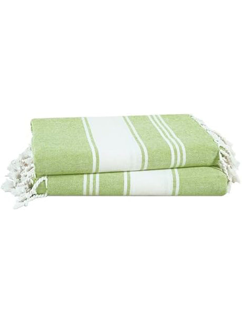 Green towel with white stripes and tassels on a white background