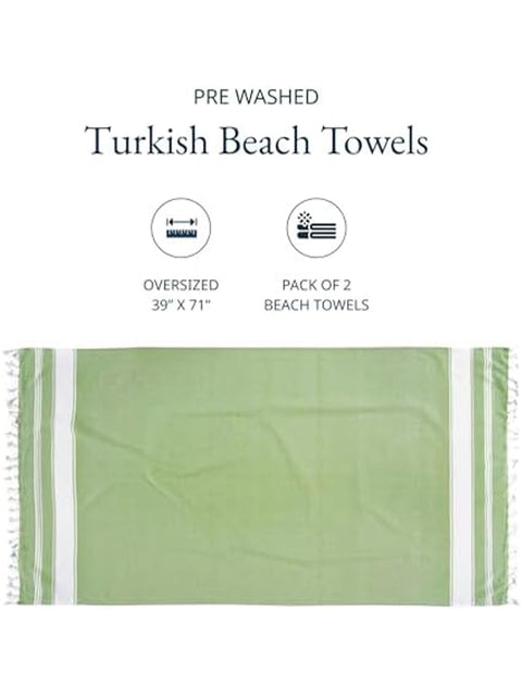 Lime Turkish beach towel with packaging details on a white background