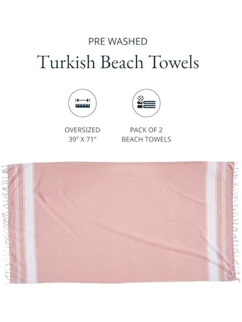 Pink Turkish beach towel with white stripes on a white background, featuring text about size and quantity.