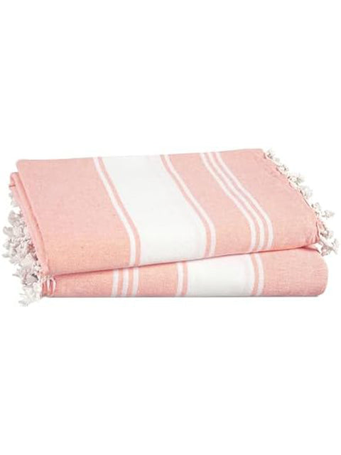 Quartz Pink towel with white stripes and tassels on a white background