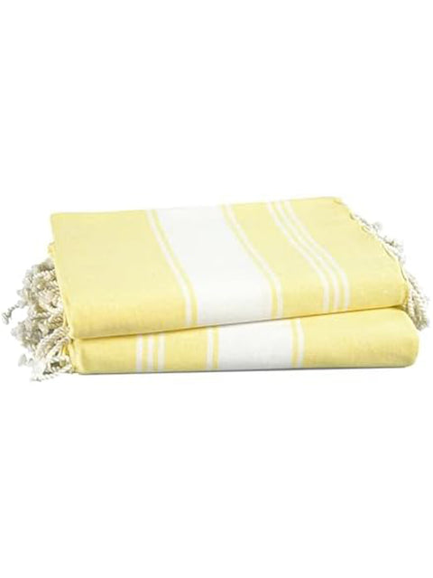Yellow and white striped towel with fringes on a white background in white