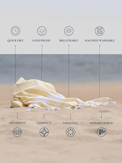 Textured fabric on sand with features listed quick dry, sand prof, breathable, machine washable, asborbent, compact, versatile, Sylish Design
