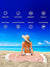 Woman sitting on a beach with a towel, surrounded by icons and text highlighting towel features of quick dry, sand proof, absorbent, compact,breatheable, machine washable, versatile, stylish design