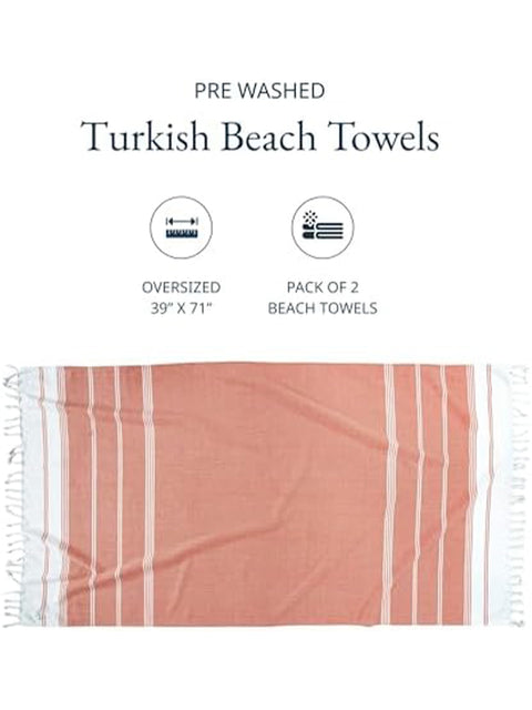 Turkish beach towel with striped pattern on a white background, featuring text about size and quantity.
