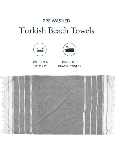 Turkish beach towel with text indicating pre-washed, oversized dimensions, and pack size on a white background.