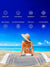 Woman sitting on a beach towel with product features as quick dry, sand proof, absorbent, compact, breatheable,maachine washable, versatile, stylish design