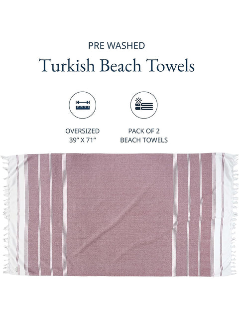 Turkish beach towel with purple stripes and white border on a white background, featuring text about size and quantity.