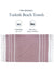 Turkish beach towel with purple stripes and white border on a white background, featuring text about size and quantity.