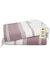 Folded towel with striped pattern and a tag on a white background