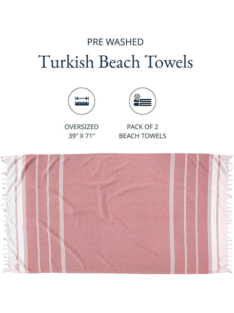 Turkish beach towel with pink and white stripes on a white background, featuring text about size and pack f 2 beach towel