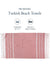 Turkish beach towel with pink and white stripes on a white background, featuring text about size and pack f 2 beach towel