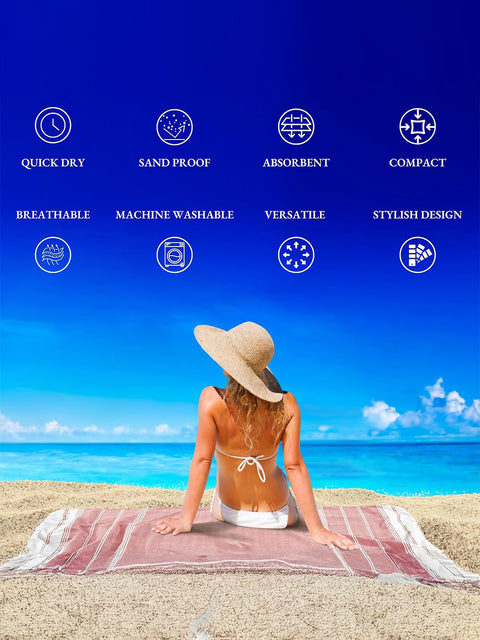 Woman sitting on a beach with a towel, surrounded by icons and text highlighting towel features such as quick dry, sand proof, absorbent, compact, breathable, machine washable, versatile, stylish design