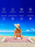 Woman sitting on a beach with a towel, surrounded by icons and text highlighting towel features such as quick dry, sand proof, absorbent, compact, breathable, machine washable, versatile, stylish design