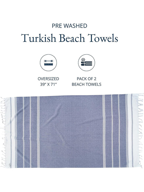 Turkish beach towel with blue and white stripes on a white background, featuring text about size and quantity.
