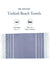 Turkish beach towel with blue and white stripes on a white background, featuring text about size and quantity.