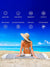 Woman sitting on a beach with a towel, surrounded by product features on a blue background such as quick dry towels, sand proof, absolident, compact, breatheable, machine washable, versatile, stylish design