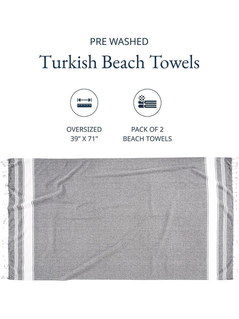 Turkish beach towel with dimensions and pack  of two beach towel information on a white background