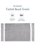 Turkish beach towel with dimensions and pack  of two beach towel information on a white background