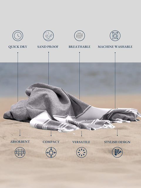 Smoky Black towel on sand with features listed as quick dry , sand proof, breatheable, machine washable, absorbent, compact, versatile, stylish Design