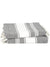 Gray and white striped towel displayed  on a white background
