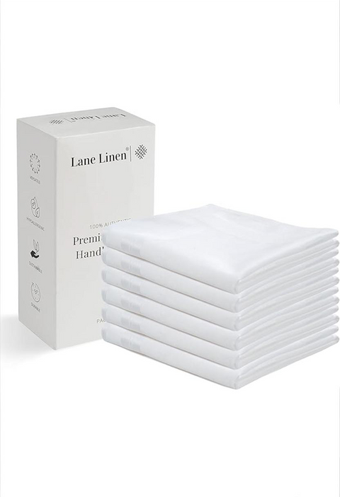 Displayed white hand towels with a Lane Linen box on a white background