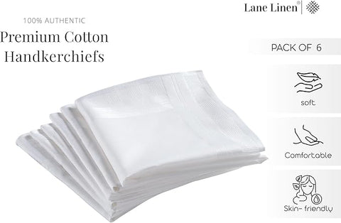 Pack of six white premium cotton handkerchiefs with Lane Linen branding on a white background and features like pack of six, soft, comfortable, skin friendly handkerchiefs