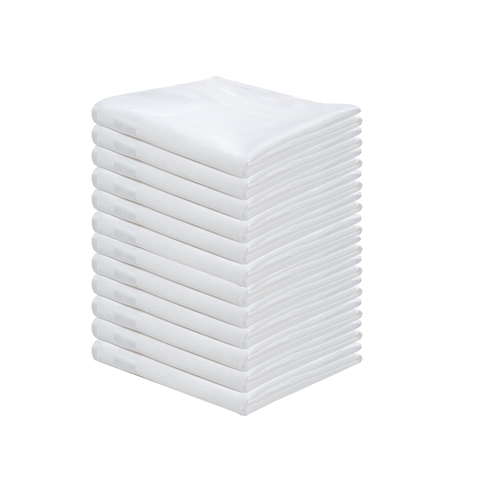 Stack of 12 white folded towels on a white background