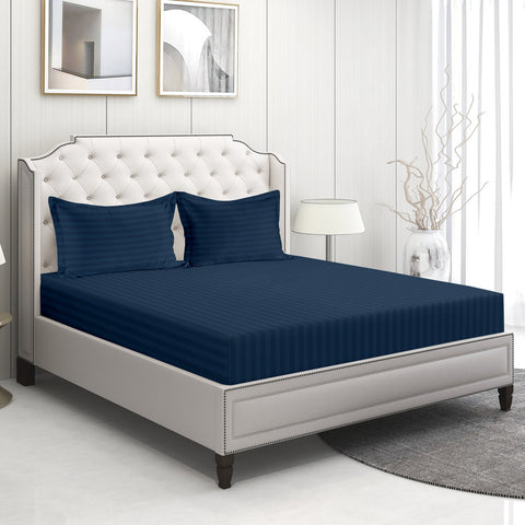 Dark Denim Alyssa Strip King Satin  Sheet With 2Pillows