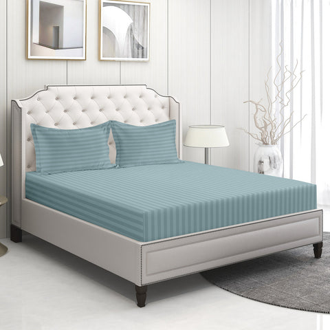 Alyssa Strip King Satin Fitted Blue Colour Sheet With 2Pillows