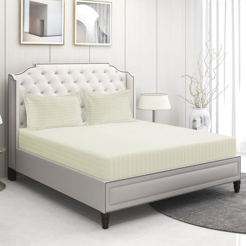 Alyssa Strip King Satin Fitted Ivory Colour Sheet With 2Pillows