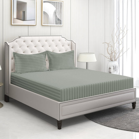 Alyssa Strip King Satin Fitted Silver Colour Sheet With 2Pillows