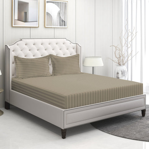 Alyssa Strip King Satin Fitted Taupe Colour Sheet With 2Pillows