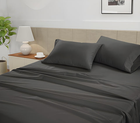 Charcoal Colour Fitted Sheet  With 2 Pillows ,Caligo King Flat Satin Sheet, Cotton Sheet 