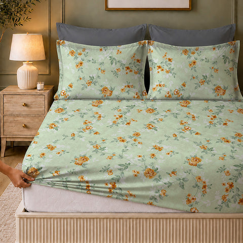 Symphony Vol 2 | 100% Cotton Sheet Set | Soft & Breathable Fabric | 3 Piece (1 Bedsheet + 2 Pillow Covers) | Super King Fitted Bed Sheet Set