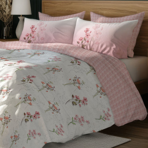  Pink Colour Bedsheet Floral Pattern Design With 4 Pillows On A Wooden Bed