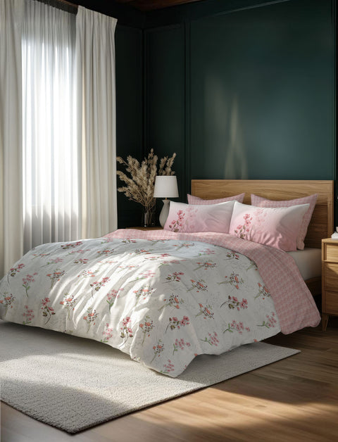 Pink Color Floral Pattern Bedsheet With 4 Pillows