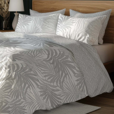 Grey Colour Leaf Floral Pattern Design Bedsheet Floral Design With 4 Pillows On a Wooden Bed