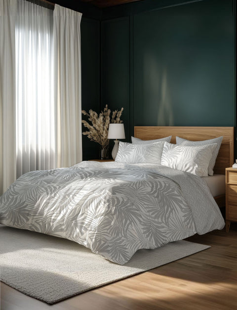 Grey Colour Leaf Floral Pattern Design Bedsheet With 4 pillows