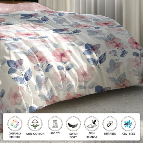 Pink & Blue Floral Color Bedsheet, Cotton Bedsheet, 400TC,Super Soft Bedsheet, Skin Friendly Bedsheets, Durable & Sustainable Bedsheet
