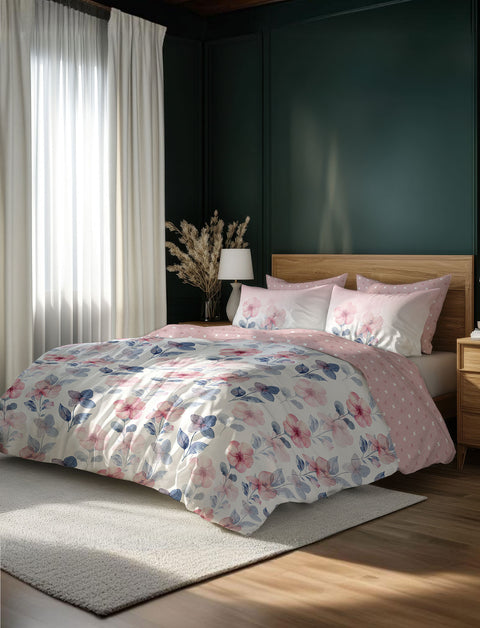 Pink & Blue Floral Colour Bedsheet With 4 Pillows