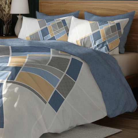 Blue Pattern Colour Bedsheet On A Wooden Bed With 4 Pillows