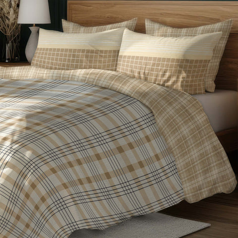Brown Floral Geometric Pattern Bedsheet With Pillows On A Wooden Bed