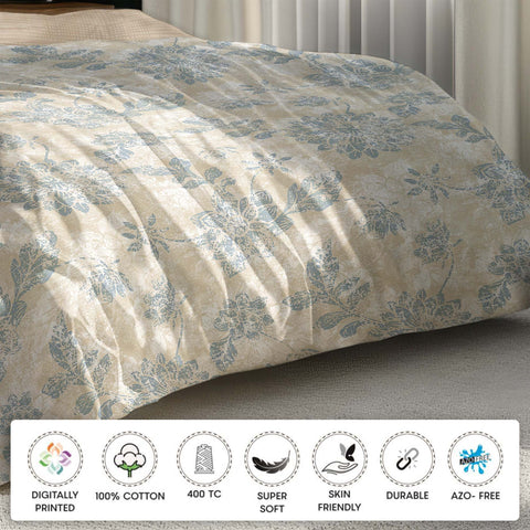 Brown & Blue Color Floral Pattern Bedsheet, Cotton Bedsheet, 400TC,Super Soft Bedsheet, Skin Friendly Bedsheets, Durable & Sustainable Bedsheet
