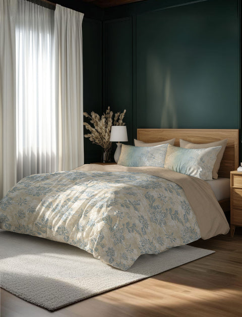 Brown & Blue Colour Floral Bedsheet With 4 Pillows