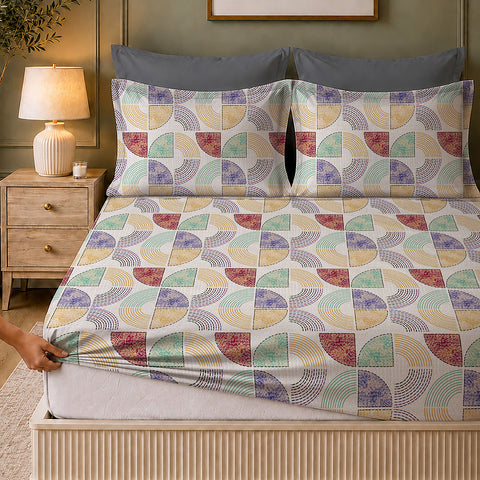 Symphony Vol 2 | 100% Cotton Sheet Set | Soft & Breathable Fabric | 3 Piece (1 Bedsheet + 2 Pillow Covers) | Super King Fitted Bed Sheet Set