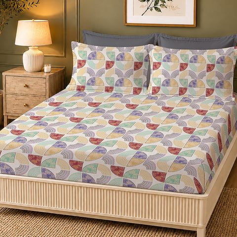 Symphony Vol 2 | 100% Cotton Sheet Set | Soft & Breathable Fabric | 3 Piece (1 Bedsheet + 2 Pillow Covers) | Super King Fitted Bed Sheet Set