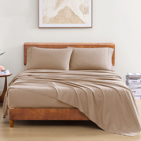 Single Bedsheet with 2 Pillows of Taupe color on a wooden bed