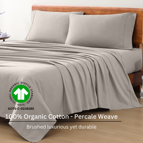 Single Bedsheet With 2 Pillows Silver Color, 100% Organic Cotton, Percale Weave, 
